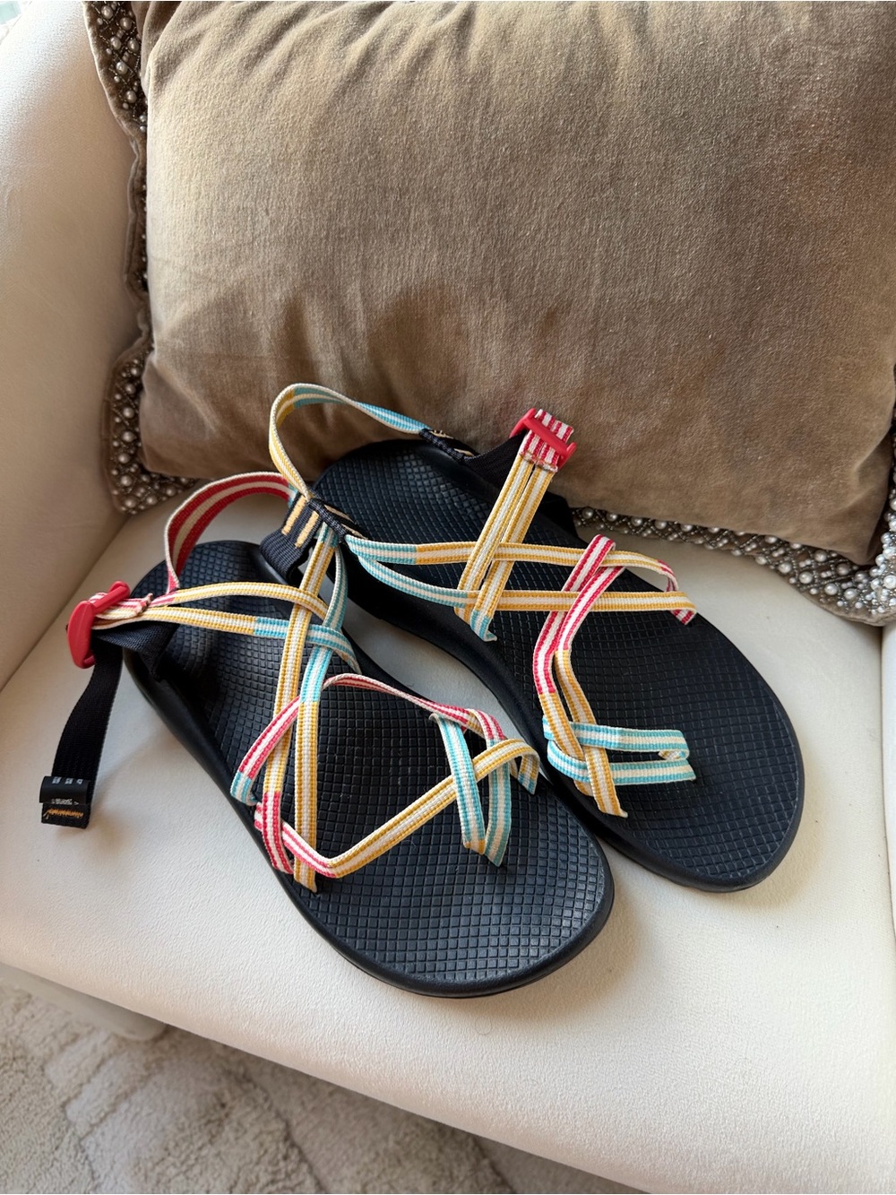 Chaco Women’s Black Footbed Sandals with Multicolor Straps
